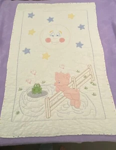 Vintage hand embroidered cross stitch baby quilt with Animals, Moon, Stars.36x53 - Picture 1 of 9