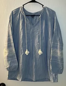 J. Jill blue denim tassels embroidered long sleeve peasant top women’s medium - Picture 1 of 8