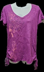 👕🛍 Bluse Top Somona lila mehrfarbig Print gerafft seitlich V-Ausschnitt ~ S M3020 - Bild 1 von 16