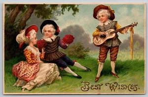 Vintage Postcard Best Wishes Boy with Guitar Boy Girl Romance *5510 - Imagen 1 de 2