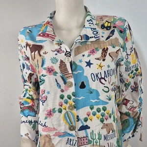 John Mark Womens Retro American Cities 3/4 Sleeve Button Up Shirt Size 2X 53 - Picture 1 of 14