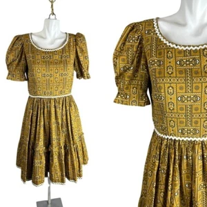 Vtg 50s 60s Golden Yellow Patio Dress Rickrack Circle Skirt Womens Size Medium - Picture 1 of 7