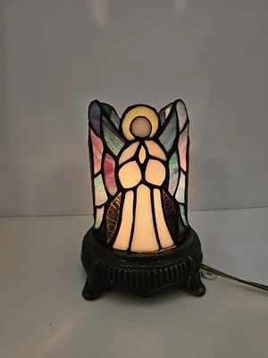 Vintage Angel Stainglass Nightlight Table Lamp Footed Brass Base Tested  - Image 1 of 4
