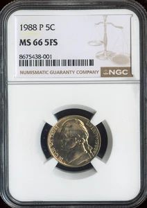 1988 P JEFFERSON NICKEL NGC MS66 5FS BLAST WHATE . - Picture 1 of 2