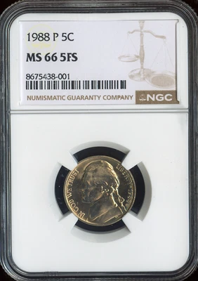 1988 P JEFFERSON NICKEL NGC MS66 5FS BLAST WHATE . - Image 1 of 2