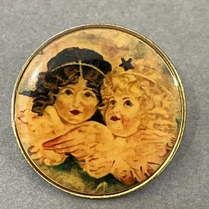 Vtg Guardian Angel Sisters Lapel Pin Curly Hair Blonde Brunette Angelic Kids 1” - Picture 1 of 8