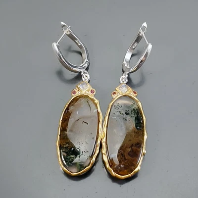 Women Earrings 45 ct Natural Moss Agate Earrings 925 Sterling Silver /E125927 - Image 1 of 4