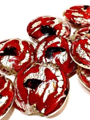 批量 9 件 古董 Murano 艺术玻璃 红色 黑银箔珠 25 毫米 — 第 1/4 张图片