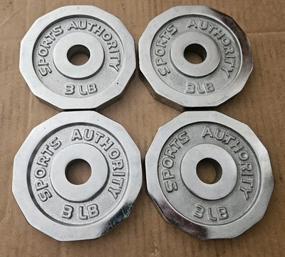 FOUR Chrome 3lb Sports Authority Standard Size barbell weight plates RARE - Image 1 of 3