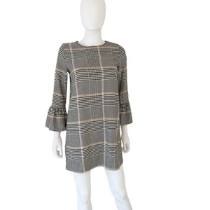 ZARA TRAFALUC Plaid Houndstooth Trumpet Bell Sleeve Mini Dress Small - Picture 1 of 8