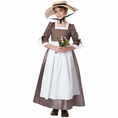 Vestido Colonial Americano Pionero Peregrino Victoriano Antiguo Día Niñas Disfraz Foto 1 de 3