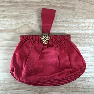 Bolso de noche vintage de seda rojo sin marca con flores de perlas de metal - Imagen 1 de 6