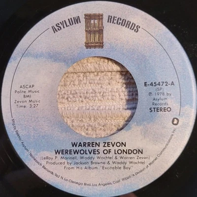 Warren Zevon "Werewolves Of London / Roland the Headless Thompson Gunner" VG+ - Image 1 of 3