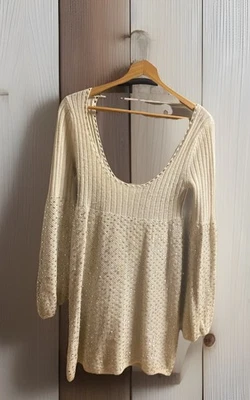 GUESS by Marciano Sequin Sweater Dress Long Sleeve Scoop Back Ivory Small - Image 1 of 4