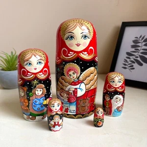 Ukrainian folk art wooden nesting doll Angel and Kids 5pcs 6” Christmas Ornament - Picture 1 of 6