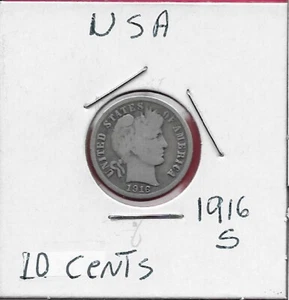 USA 10 CENTS 1916-ER BARBER DIME, PREIZKOPF RECHTS, DATUM IM WINKEL UNTER OBVERS - Bild 1 von 2