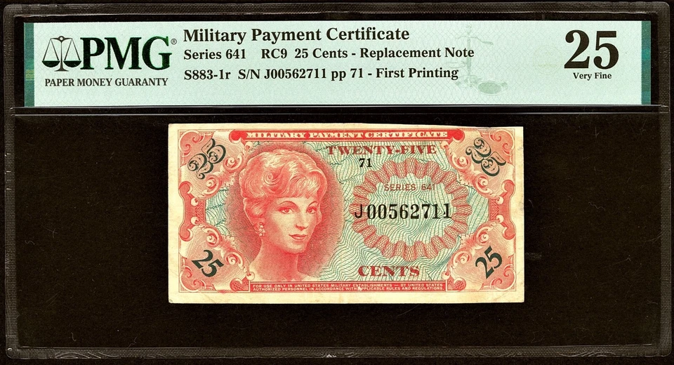 Series 641 Military Payment Certificate MPC 25¢ PMG VF 25 *Replacement Note!* - Image 1 of 2