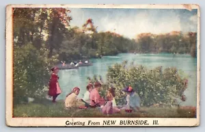 Postcard Greetings From New Burnside, Illinois Children, People Canoes, Lakeside - Picture 1 of 2