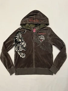 VTG Y2K Ed Hardy Christian Audigier Full Zip Velour Hoodie Rhinestone Women Sz M - Picture 1 of 16