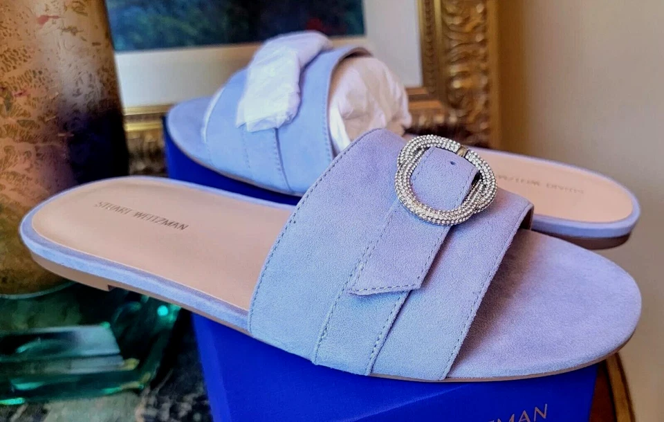 $395 NIB Stuart Weitzman Blue Suede Crystal Buckle Slide Flat Sandals SZ 9 - Image 1 of 4