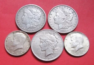 5 x USA dollar/half dollar coins - dollars: 1889O, 1921 & 23 halves: 1964 & 65 - Picture 1 of 2