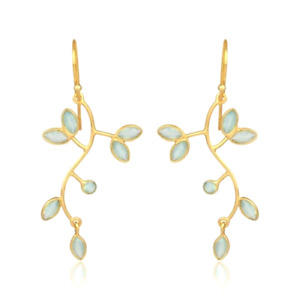 Branch Leaf Earrings Yellow Gold Plated Aqua Chalcedony Fashion Gift Jewelry