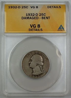 1932-D Silver Washington Quarter, ANACS VG-8, Details, Damaged, Bent - Image 1 of 2