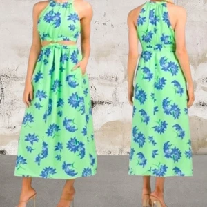 Likely NWT Karrica Dress Green Blue Floral Pockets Crepe Cutouts Size 2 - Picture 1 of 6