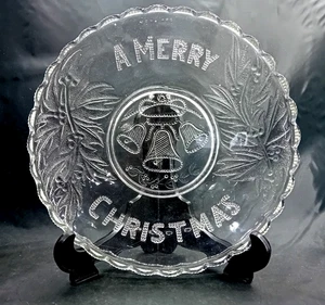 Large Antique Vintage Pressed Flint Glass Merry Christmas Bowl Plate Dish - Picture 1 of 5