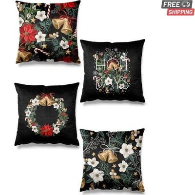 Encantador Juego de 4 Fundas de Almohada de Gamuza con Patrón de Campana de Navidad - Lavables a Máquina Foto 1 de 2