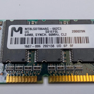 Micron 64MB SDRAM PC66 Memory Module Computer RAM MT8LSDT864AG-662C3 CL2 Vtg 6M - Image 1 of 3