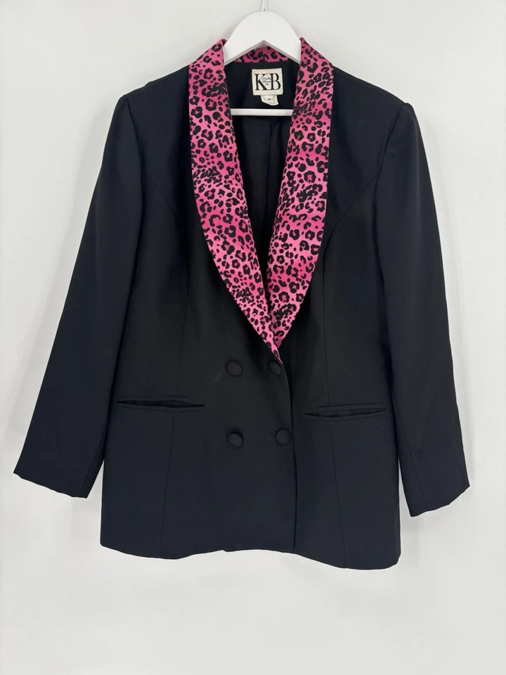 Blazer feminino Stella Louise para KB vintage 18 preto rosa estampa de leopardo colarinho - Imagem 1 de 4
