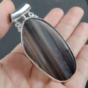 925 Sterling Silver Large Brown Grey Banded Agate Pendant Jewellery - Picture 1 of 8