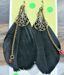Pendientes Plumas Negras Cuentas Moda Joyería Salvaje Genial Sexy NUEVOS - Imagen 1 de 2