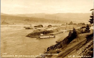 Vintage RPPC Photo Postcard Cascade Locks Columbia River Highway OR Boat - Picture 1 of 3
