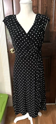 Ralph Lauren Womens Dress Black White Polka Dot Stretch Faux Wrap Jersey Midi 6 - Image 1 of 4