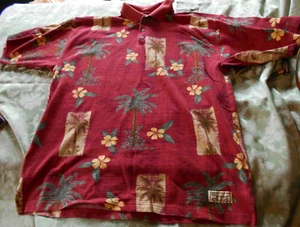 Tommy Bahama Polo Shirt Men Large Maroon Floral Palm Tree Hawaii Aloha Resortwea - Picture 1 of 10