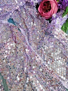Vintage fabric Lavender Sequins on Silk Chiffon remnant piece 96 x 8 & 40 x 5"+ - Picture 1 of 6