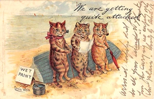 1904 sgd. Louis Wain 3 Cats Sitting on Freshly Painted Boat post card Tuck - Picture 1 of 2