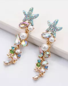 Starfish Earrings Blue Sparkly Stones White Faux Pearl Green Clear Rhinestones - Picture 1 of 9