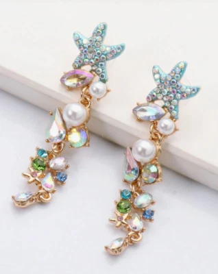 Starfish Earrings Blue Sparkly Stones White Faux Pearl Green Clear Rhinestones - Image 1 of 4