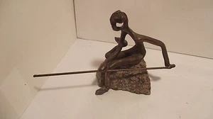 Vintage Bronze Fisherman sitting on granite rock With Pole, Sandals - Picture 1 of 2
