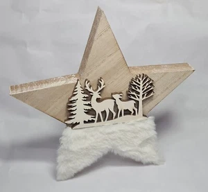 Wooden Christmas Star White Faux Fur Scandinavian Deer Tree Ornament Decoration - Picture 1 of 7