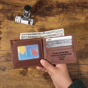 Cartera de cuero genuino doble pliegue para hombre ID de tarjeta de crédito, billetera personalizada - Imagen 1 de 9