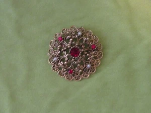 Gold Tone Domed Flower Brooch with Red Rhinestones & White Faux Pearls - Picture 1 of 3