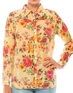 Vintage Goa Shirt Women Medium Golden Floral Cotton Boho Lagenlook Vintage Wash - Picture 1 of 16
