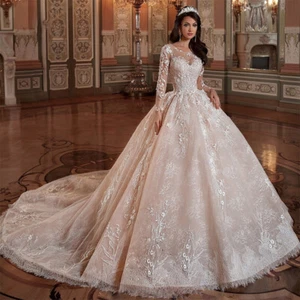 Women's Wedding Dresses Retro Round Neck Bridal Gowns Lace Applique A-Line Dress - Picture 1 of 8