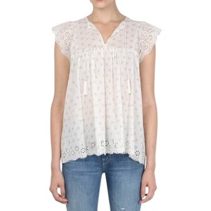 Ulla Johnson Mae Bluse 4 Blumenmuster Baumwolle Ösen Flügelärmel Oberteil weiß Frühling - Bild 1 von 6