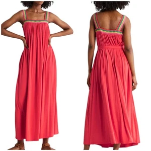 BODEN NWOT Crochet Trim Jersey Maxi Dress Hot Coral Size 2R Belt Pockets Beachy - Picture 1 of 14