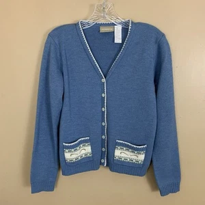 VTG Liz Claiborne Sweater Womens Small Blue Wool Embroidered Granny 90s Cardigan - Picture 1 of 9